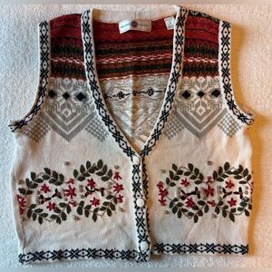 Vintage Milano Sport Cardigan Vest, Fair Isle Holly Leaf Embroidery, Sz M